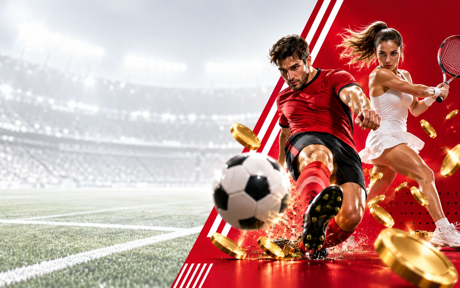 Ein Fußballspieler in rot-schwarzem Trikot schießt einen Ball, dahinter holt eine Tennisspielerin aus, um beide fliegen Goldmünzen