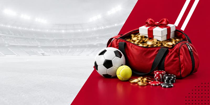 Eine offene rote Sporttasche voller Goldmünzen, obenauf ein Geschenkpaket, daneben ein Fußball, ein Tennisball und Casino-Chips