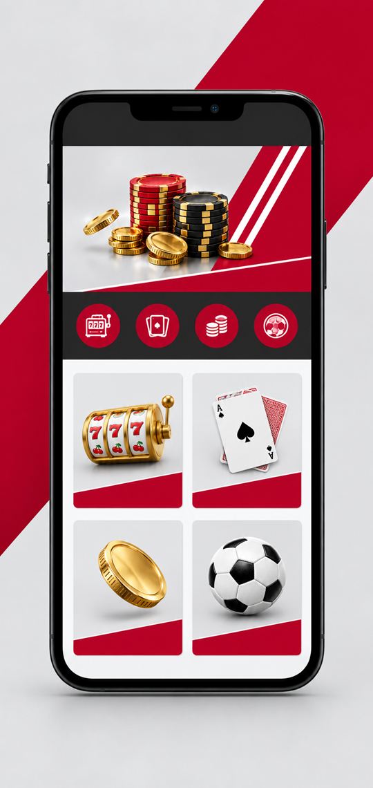Ein Smartphone zeigt eine Casino-Lobby mit rotem Banner, runden Symbolen und Kacheln für Slots, Karten, Münzen und Fußball